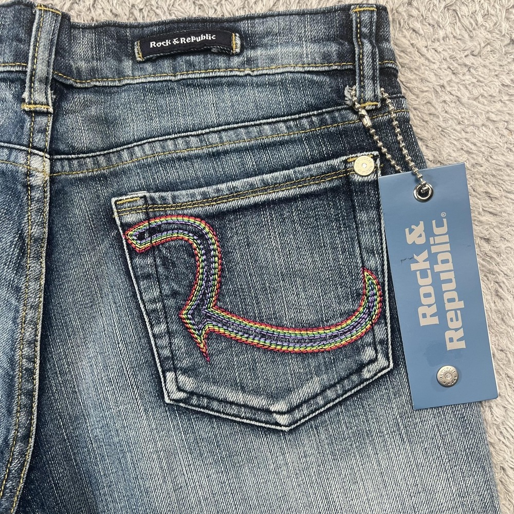 Rock & Republic Roth Jeans Womens 28 Blue Low Rise Bootcut Stretch Embroidered